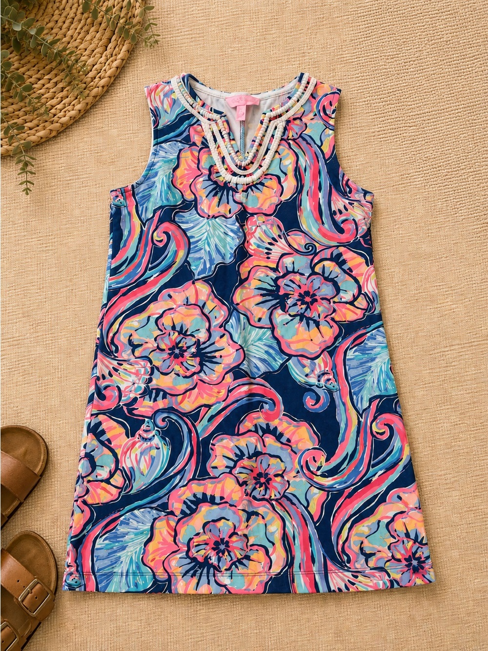 Lilly Pulitzer Navy Floral Shift Dress with Pink & Aqua Accents